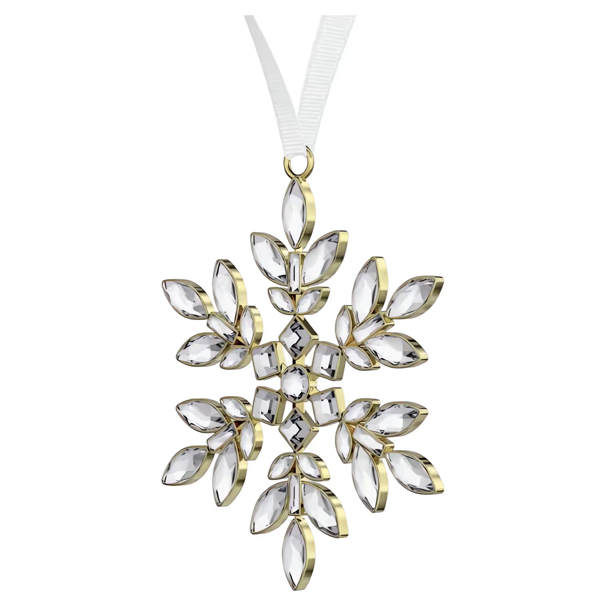 snow flake ornament set with individual crystals in a variety of different cuts, each placed within a champagne gold-tone plated setting.