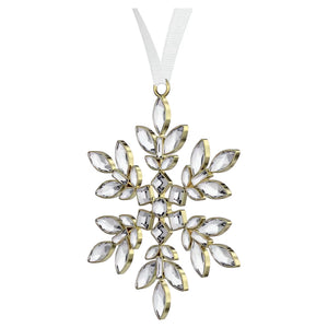 snow flake ornament set with individual crystals in a variety of different cuts, each placed within a champagne gold-tone plated setting.