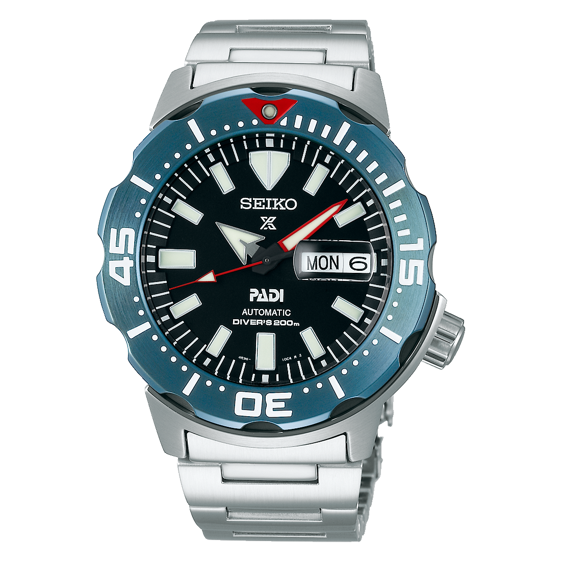 Stainless steel watch with blue bezel and a black dial on a white background