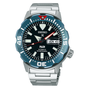 Stainless steel watch with blue bezel and a black dial on a white background