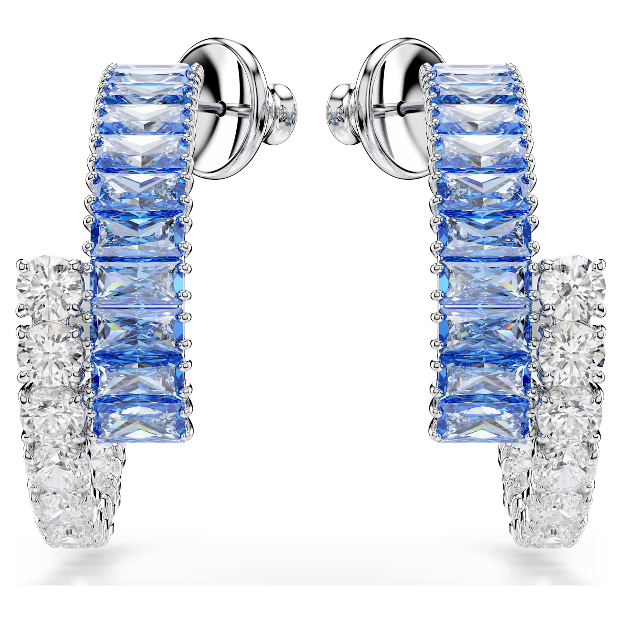 Front view of Matrix Hoop Earrings showing blue baguette Swarovski and clear round stones in silver on white background