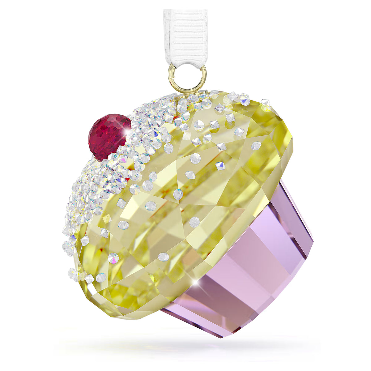 crystal cupcake ornament with white ribbon on a white background