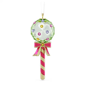 green lollipop ornament with yellow and red stripe stick with red bow