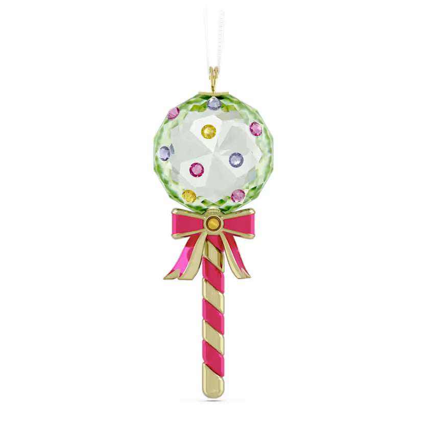 green lollipop ornament with yellow and red stripe stick with red bow