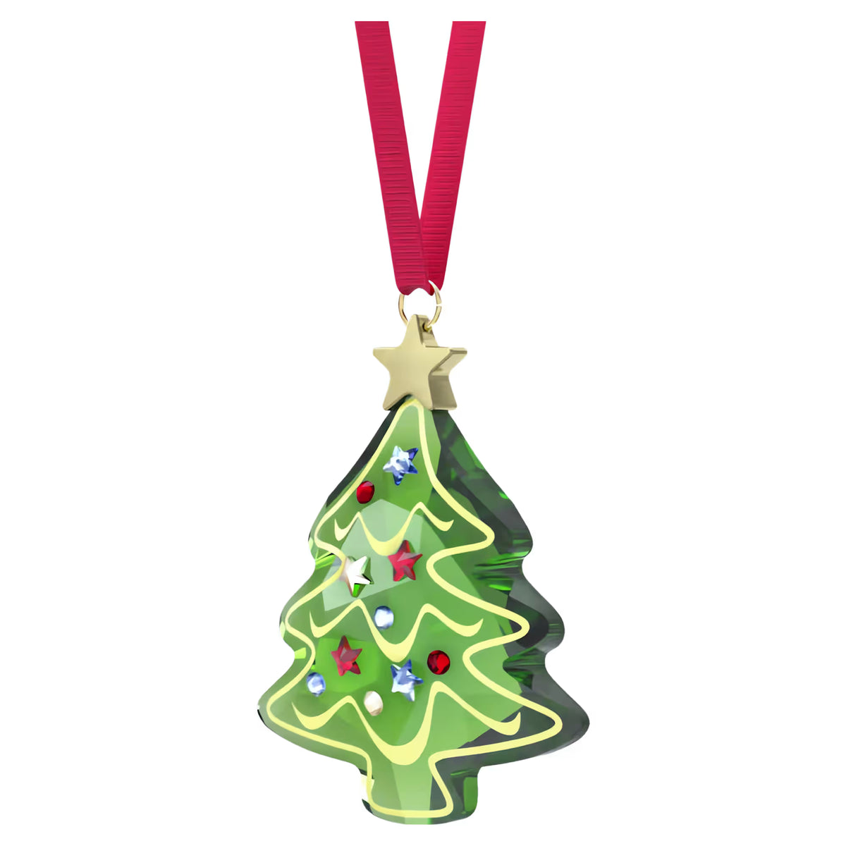 side view Green crystal tree ornament with red ribbon on a white background