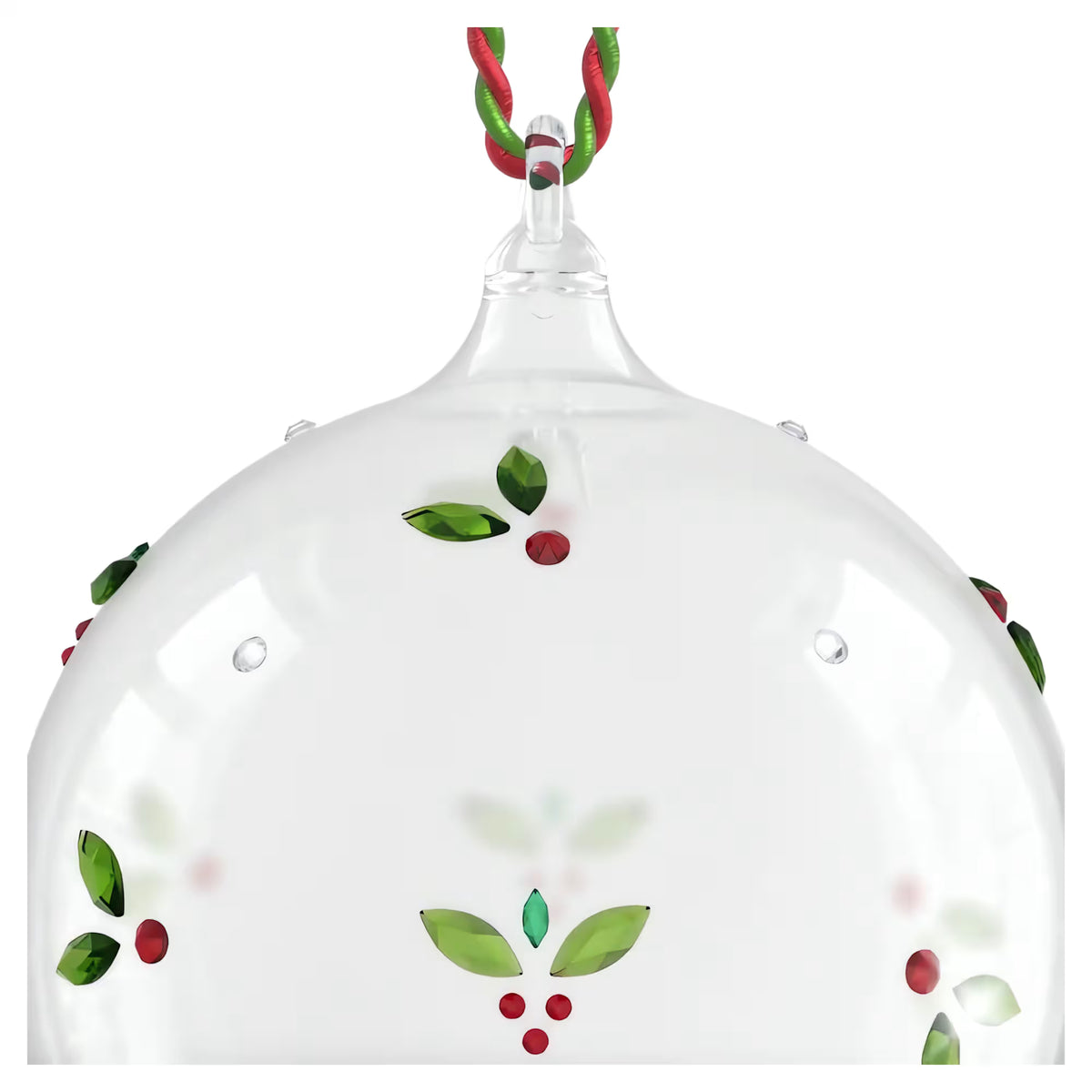 up close of mistletoe ball ornament with red and green thread on a white background