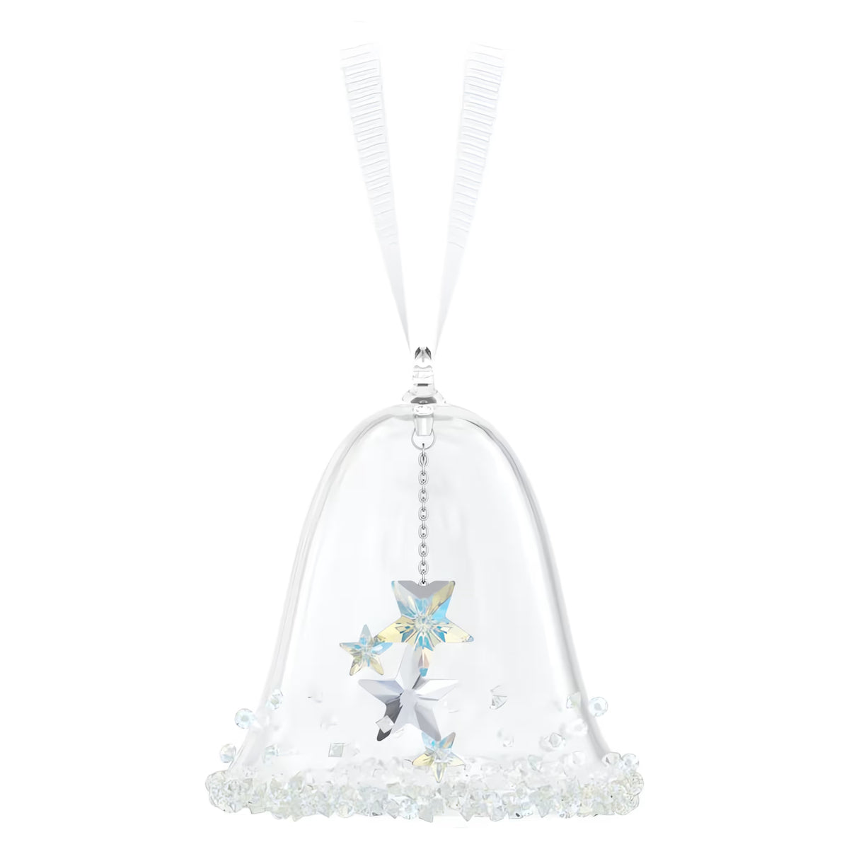 Glass bell with white crystals on the edge with blue star crystals on a white background