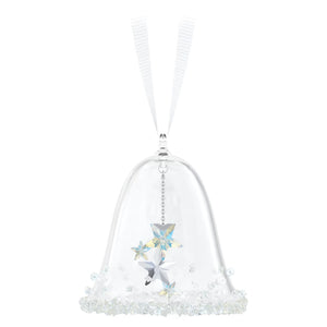 Glass bell with white crystals on the edge with blue star crystals on a white background