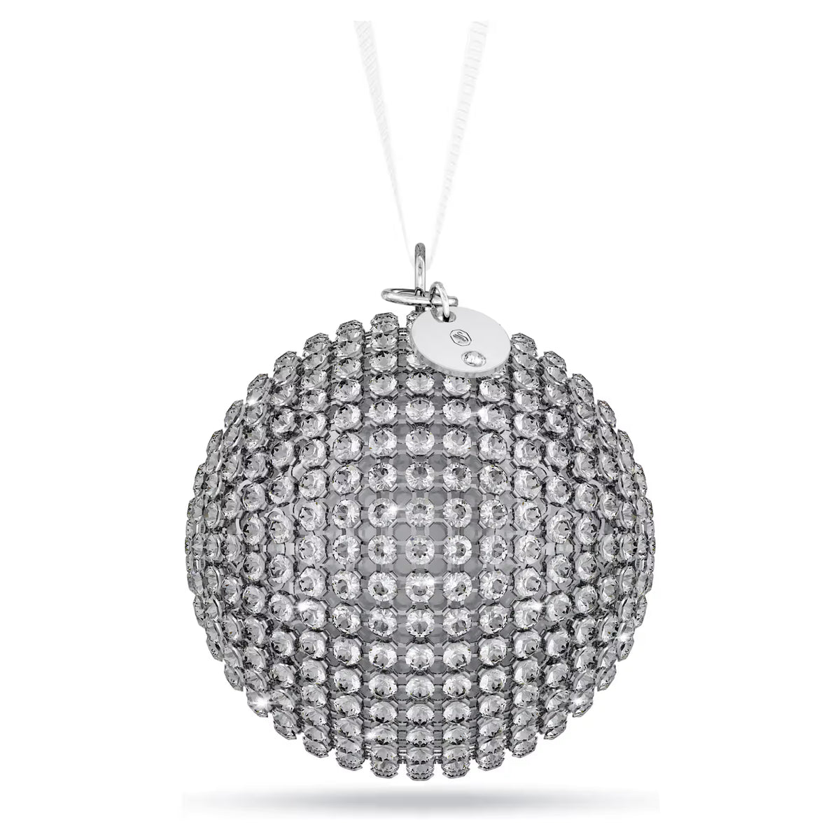 crystal mesh round ornament with silver plated tag with swarovski logo suspended from a white ribbon on a white background
