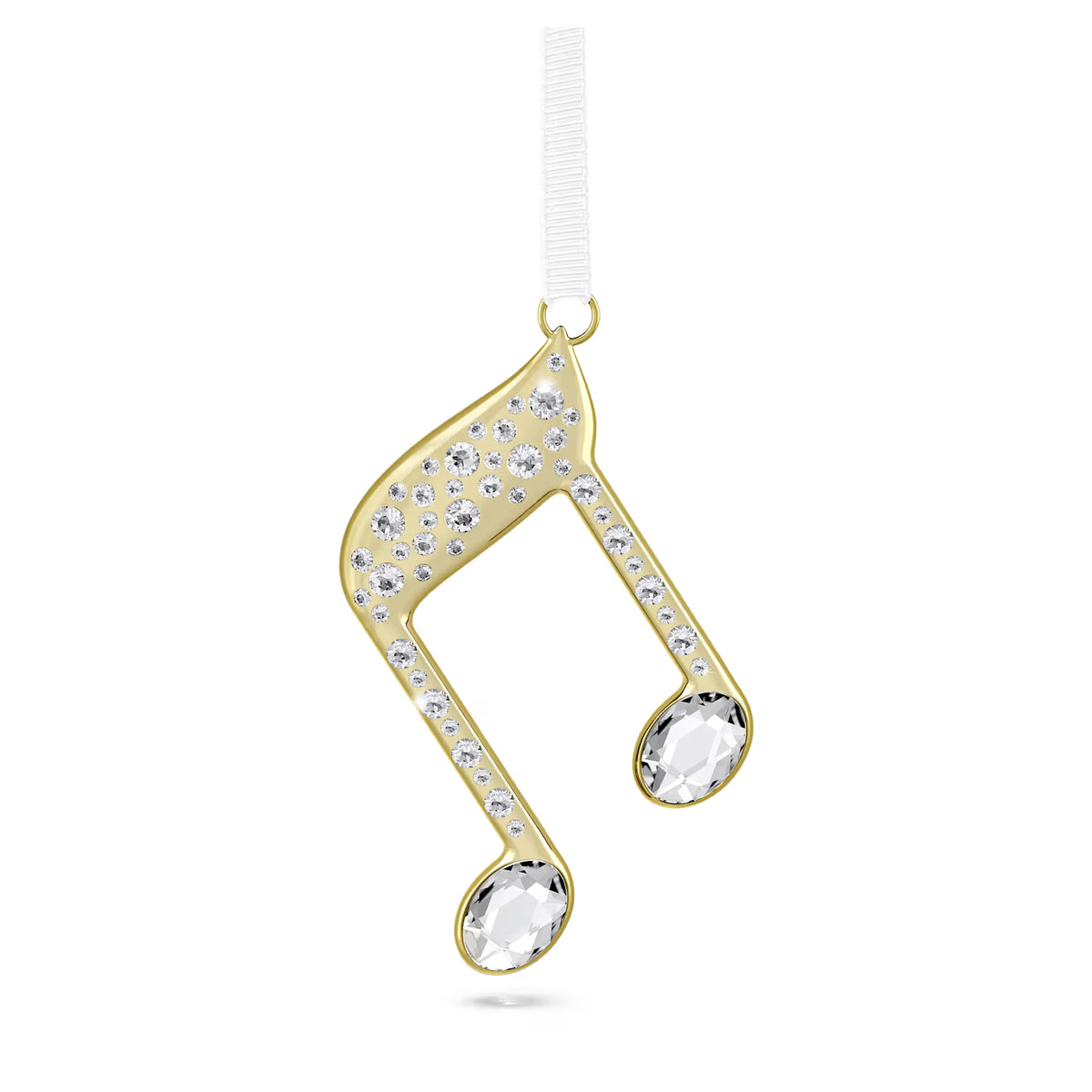 gold tone with crystal music note with white ribbon on a white background