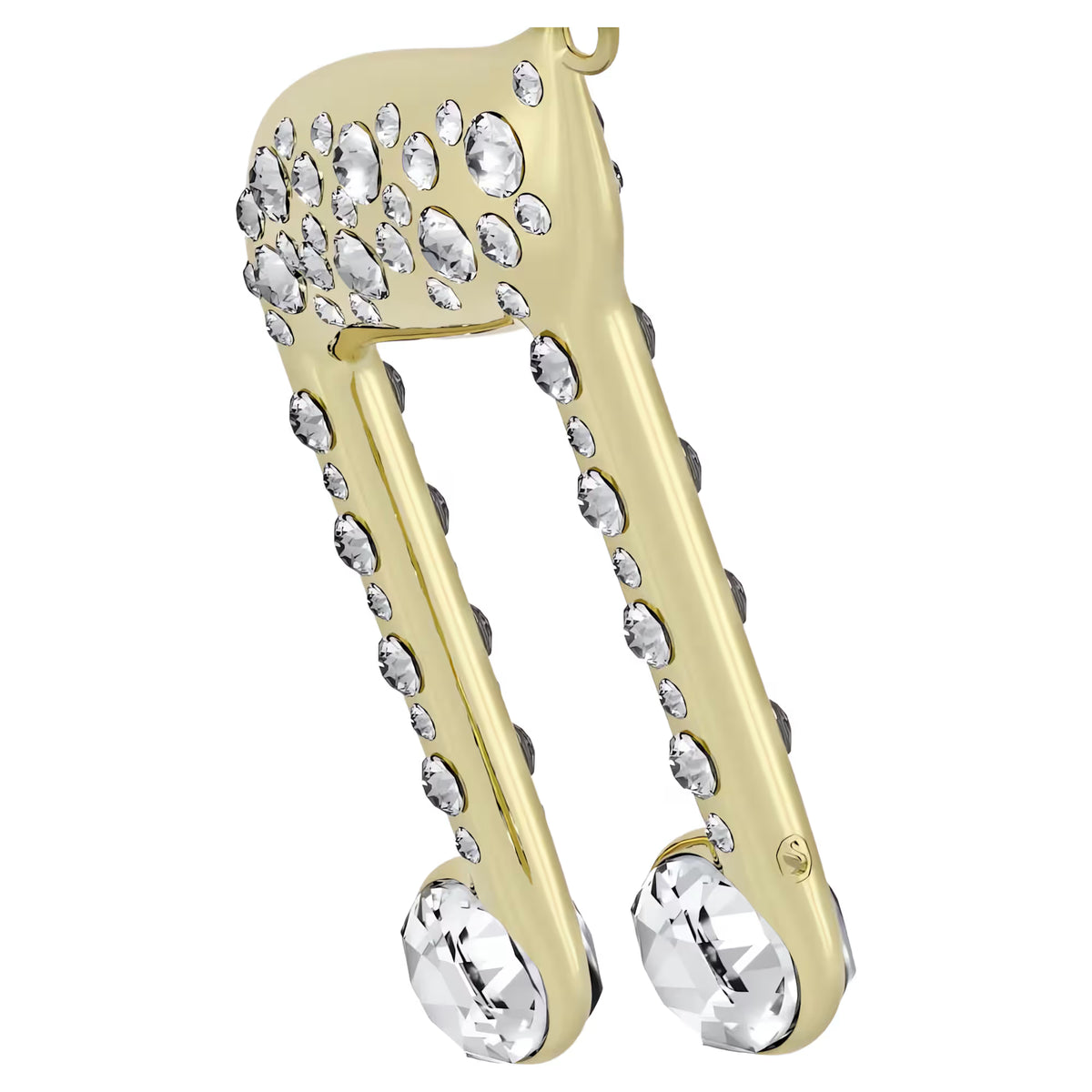 upclose side view of a gold tone with crystal music note with white ribbon on a white background