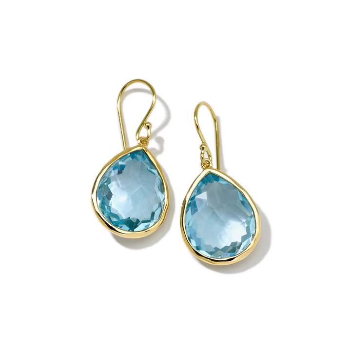 18K Gold Medium Blue Topaz Teardrop Earrings