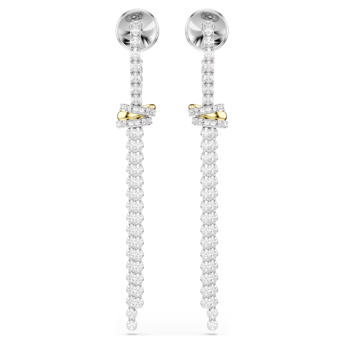 round cut stones drop earrings on a white background