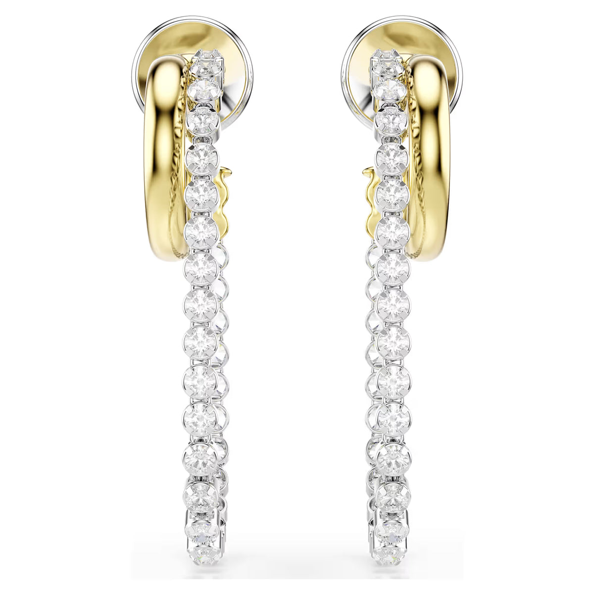 round cut drop earrings with gold tone hoops on a white background
