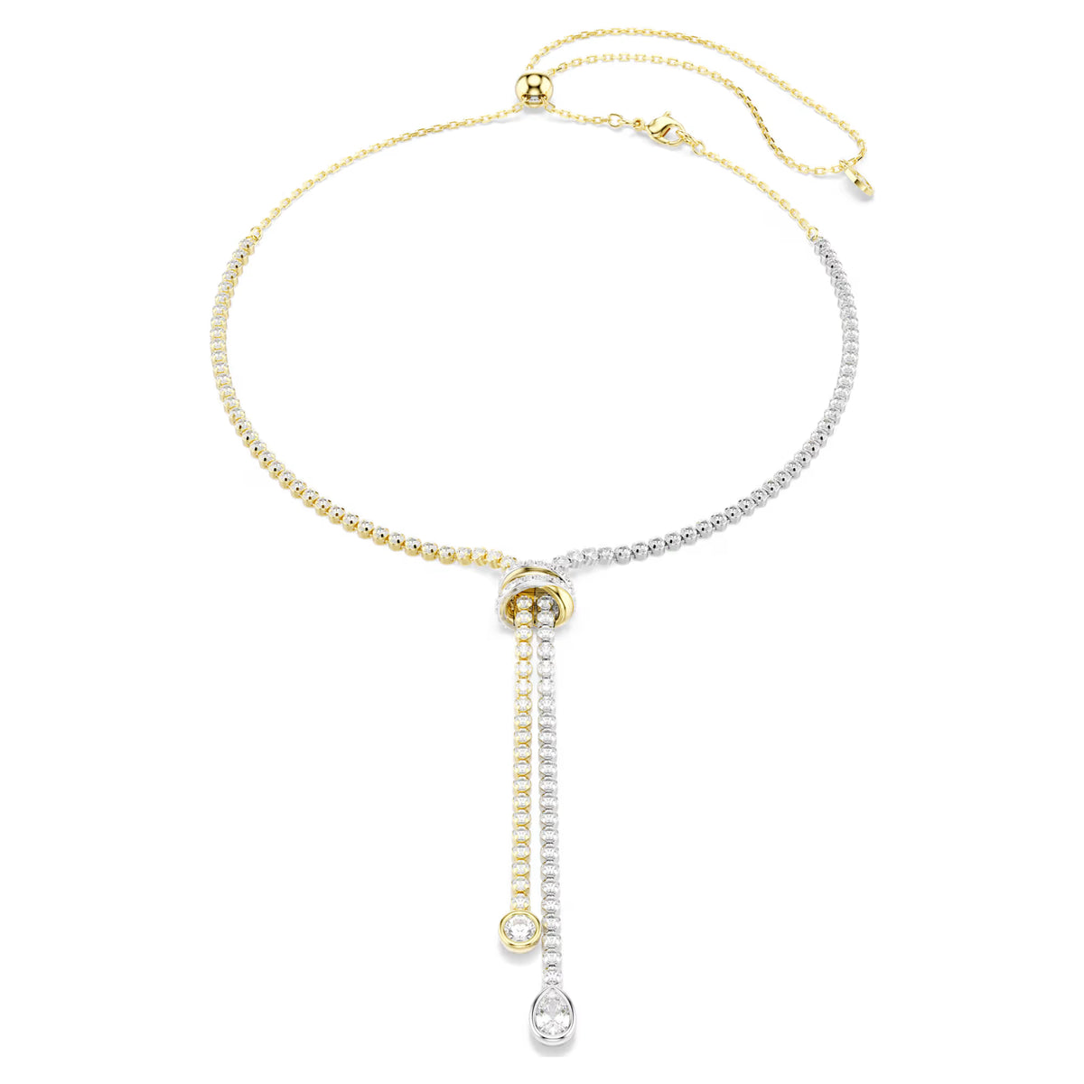 mixed tone y neclace with crystals on a white necklace