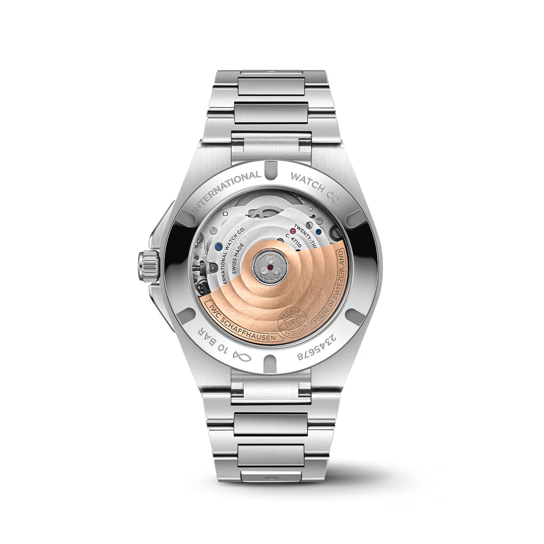 IWC caseback, rotor; text: INTERNATIONAL WATCH CO. SWISS MADE IWC SCHAFFHAUSEN MADE IN SWITZERLAND 10 BAR 2345678