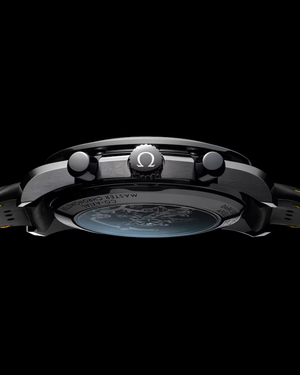 Side profile of Speedmaster Dark Side of the Moon 44.25mm showing Omega crown and display back on black