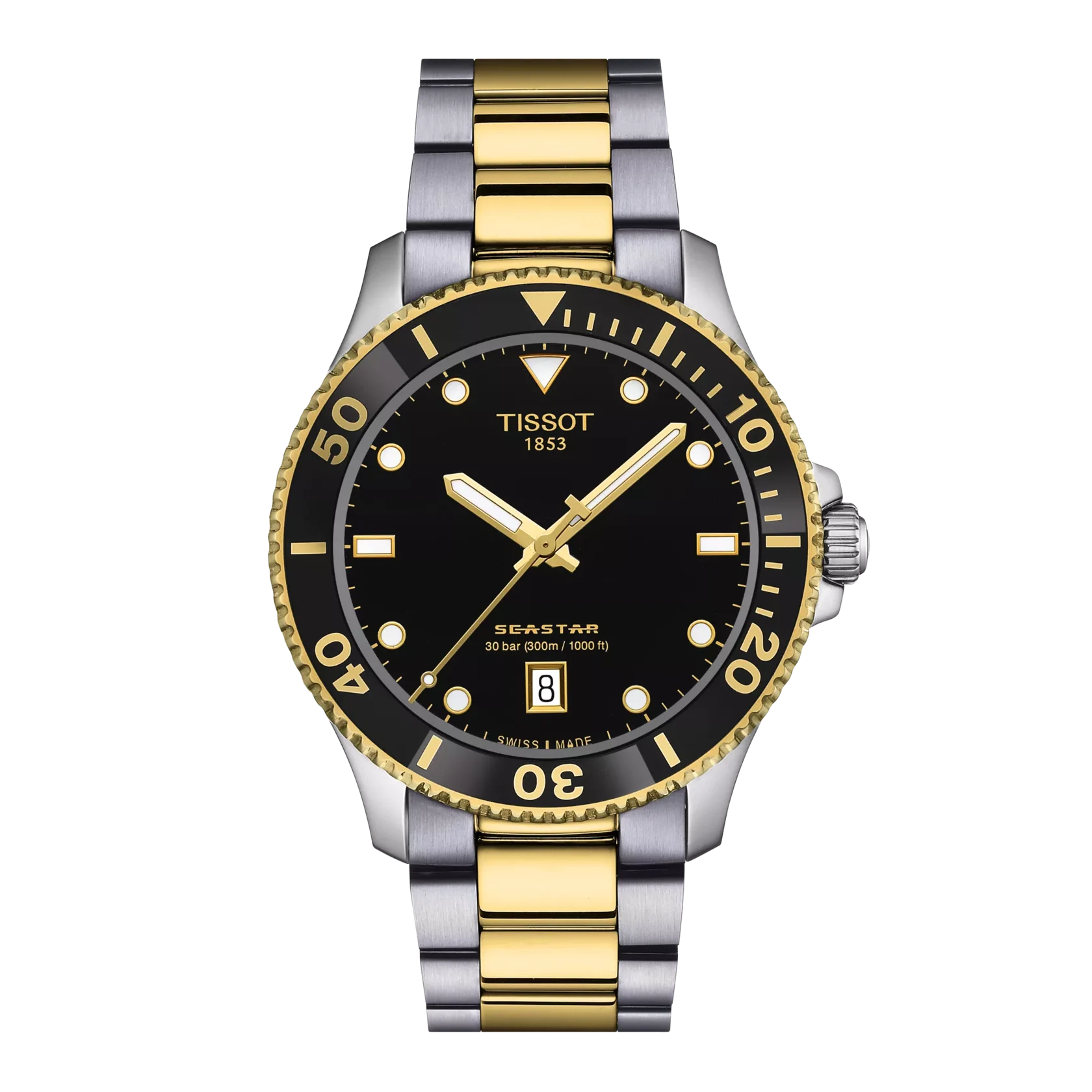 Tissot watch with black dial, gold accents, and two-tone metal strap on a white background