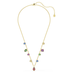 multi color stones on a gold tone necklace on a white background