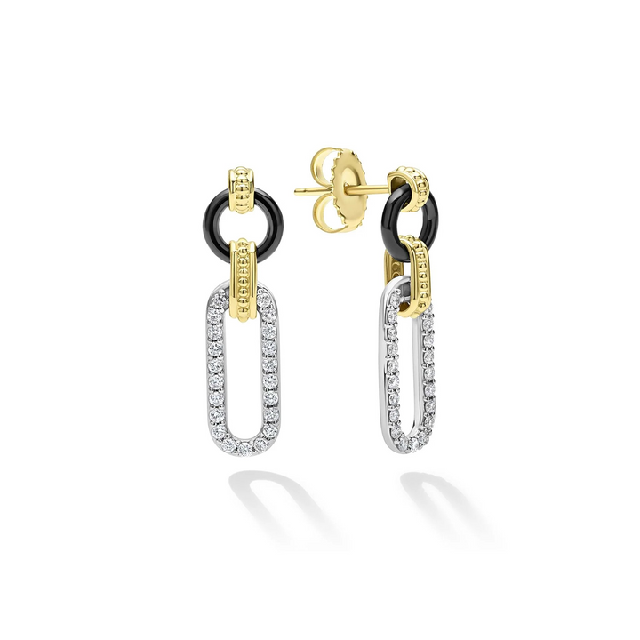 18K Gold and Black Ceramic Diamond Link Drop Earrings