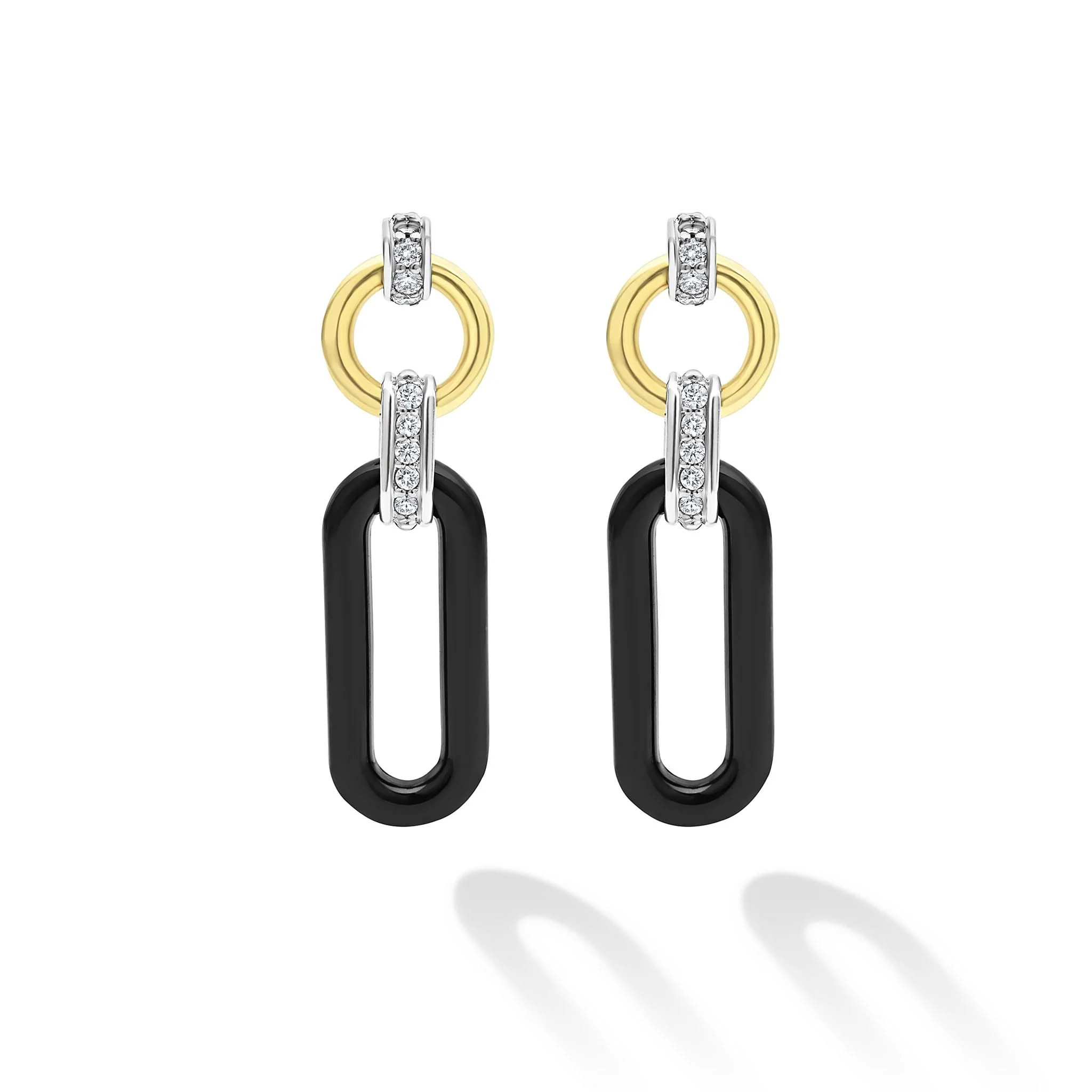 18K Gold and Black Ceramic Diamond Link Drop Earrings