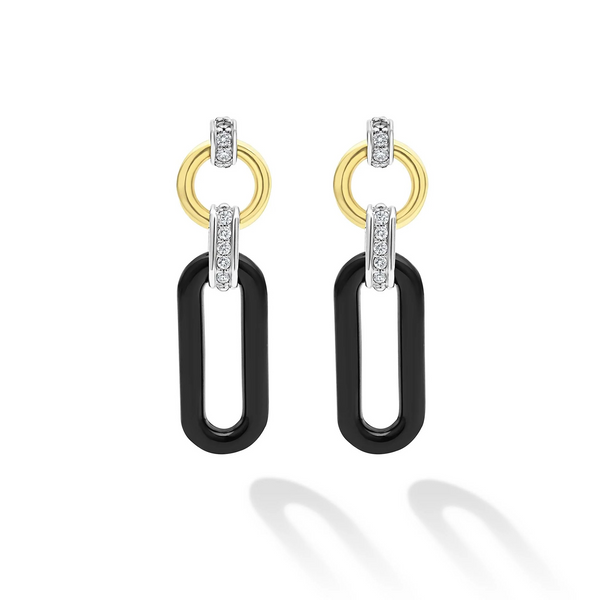 18K Gold and Black Ceramic Diamond Link Drop Earrings