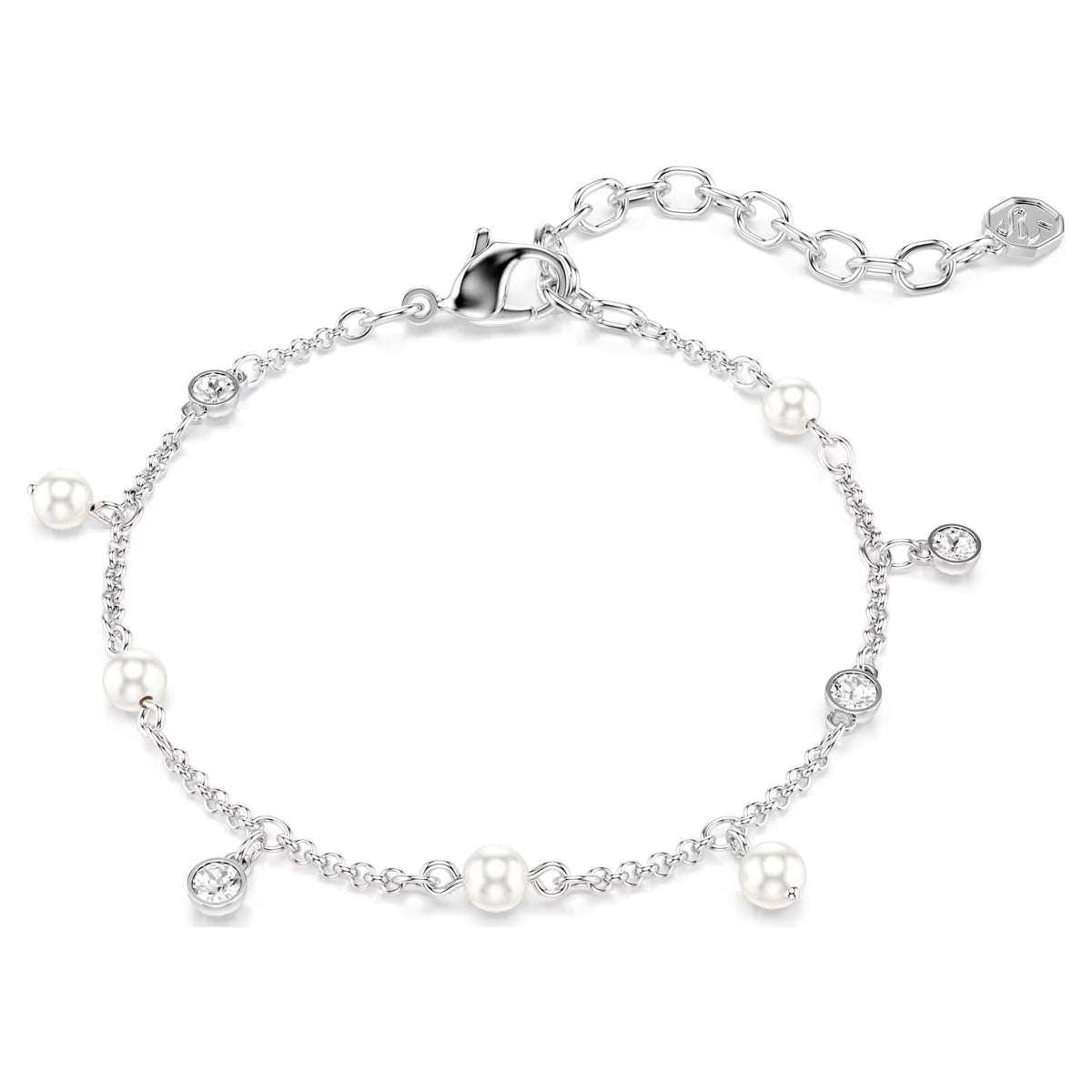 silver tone bracelet pearls and crystals on a white background