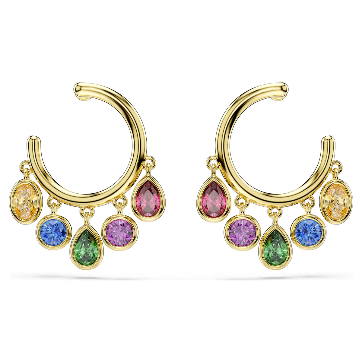 multicolor drop stones on gold tone hoop earrings on a white background