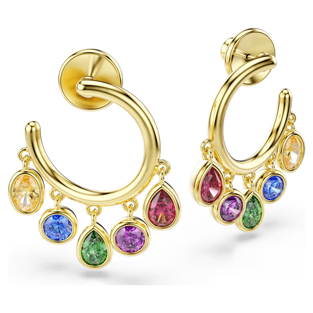 side view of multicolor drop stones on gold tone hoop earrings on a white background