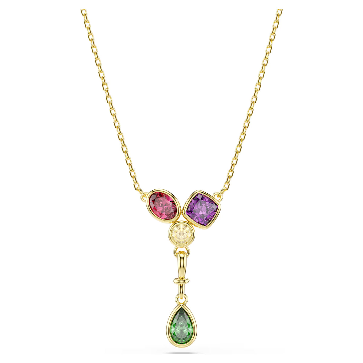 Gold tone multicolored and mix cut stones Y necklace on a white background