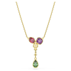 Gold tone multicolored and mix cut stones Y necklace on a white background