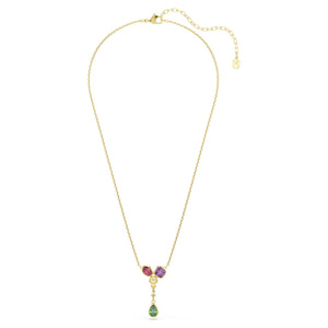 Gold tone multicolored and mix cut stones Y necklace on a white background