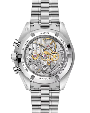 back of a steel watch, showing the transparent caseback with moving parts on a white background