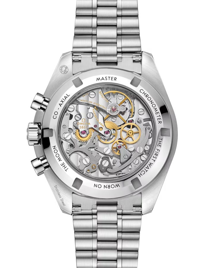 back of a steel watch, showing the transparent caseback with moving parts on a white background