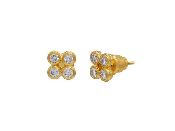 24K Gold Square Grid Stud Earrings with Diamonds