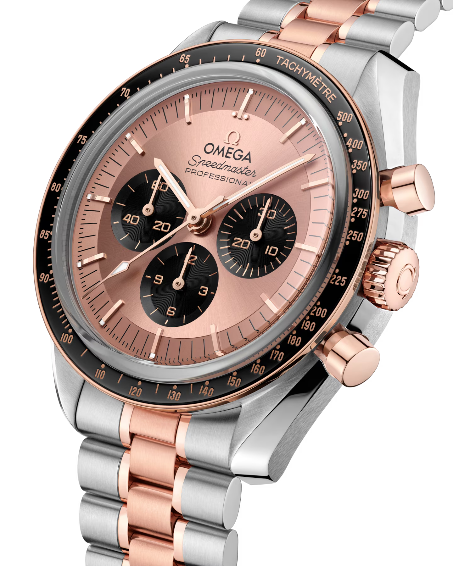 Angled view of Omega Speedmaster Moonwatch in steel and Sedna gold with pink dial, black subdials, tachymeter bezel