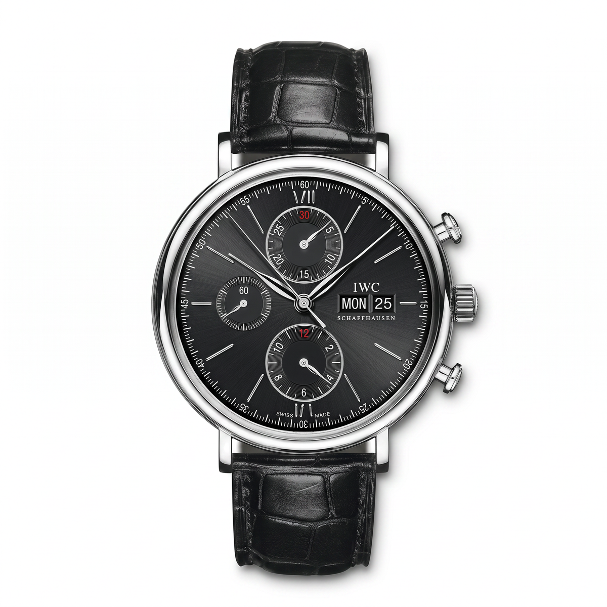 IWC Schaffhausen timepiece with a black dial and black leather band on a white background