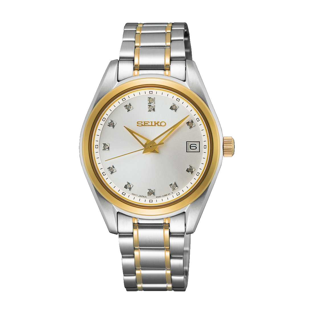 two tone stainless steel seiko watch with silver dial and diamond accents on a white background