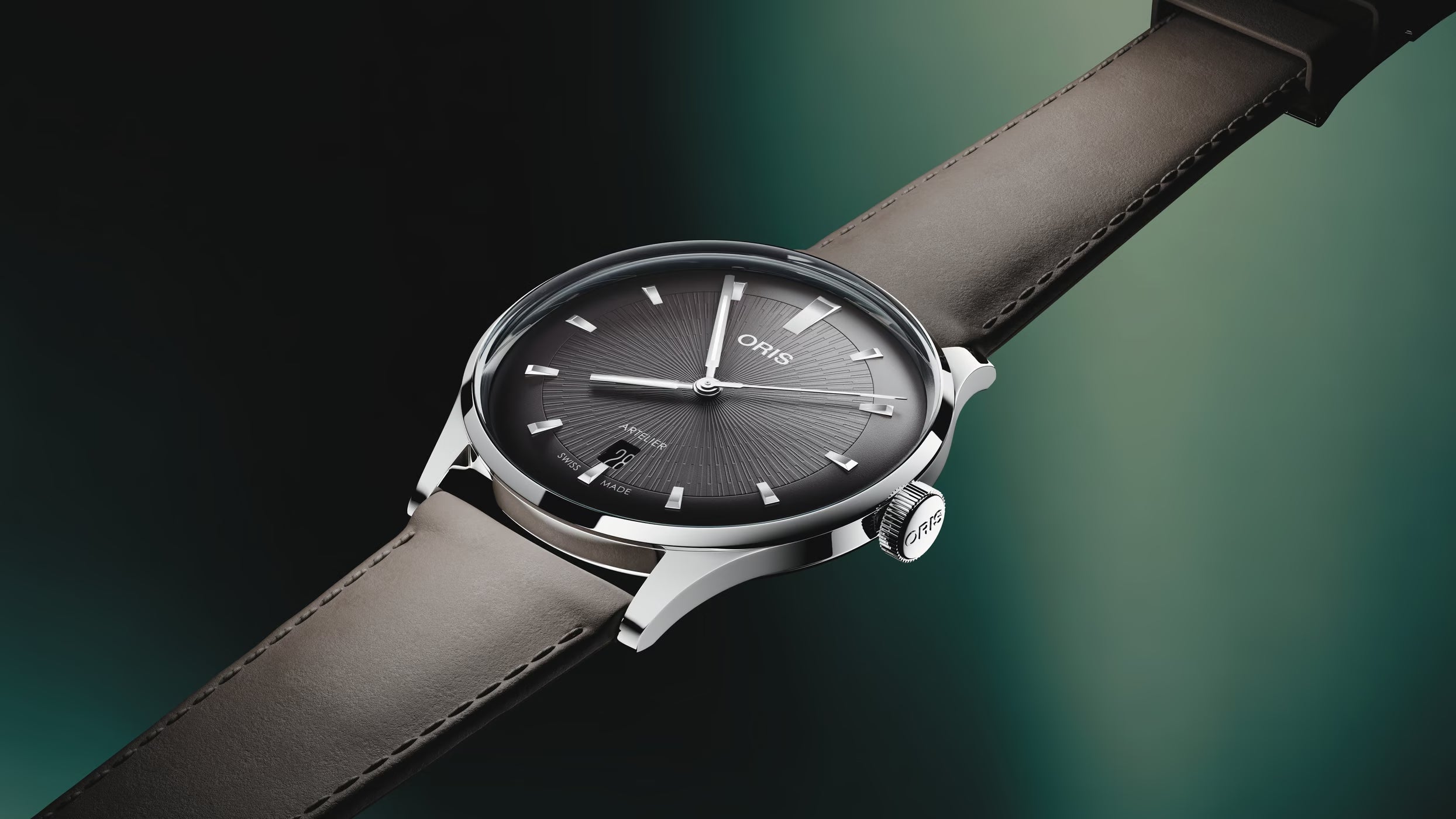 Watch with a brown strap and dark face on a gradient background