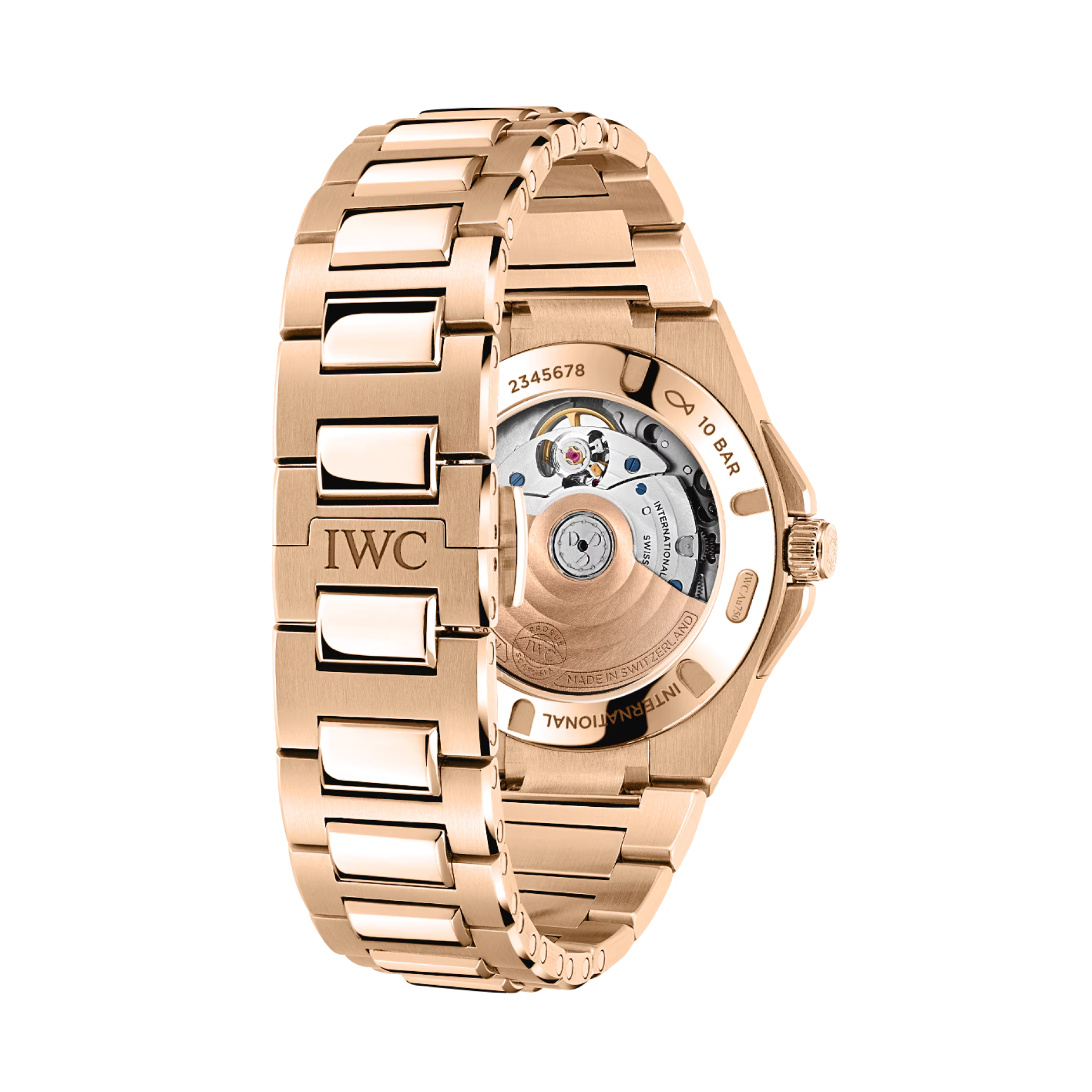 Rose-gold IWC bracelet and exhibition caseback showing rotor, serial 2345678, 10 BAR, INTERNATIONAL, MADE IN SWITZERLAND