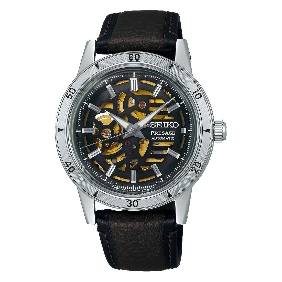 A Seiko Presage Automatic watch with a silver stainless steel case, a dark skeleton dial showing gold-toned inner gears, and a dark brown leather strap, isolated on a white background.