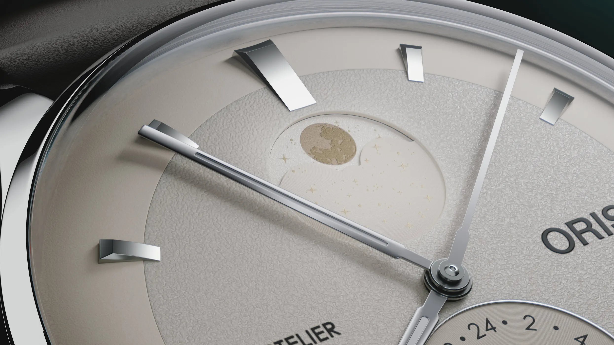 Close-up of a watch face with visible brand name