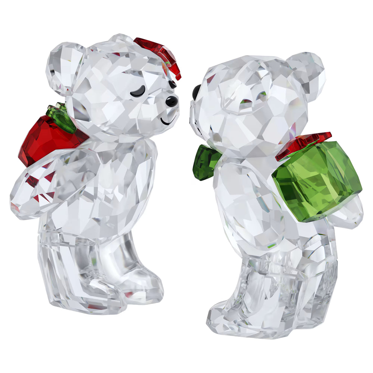 two crystal bear figurines holding gifts on a white background