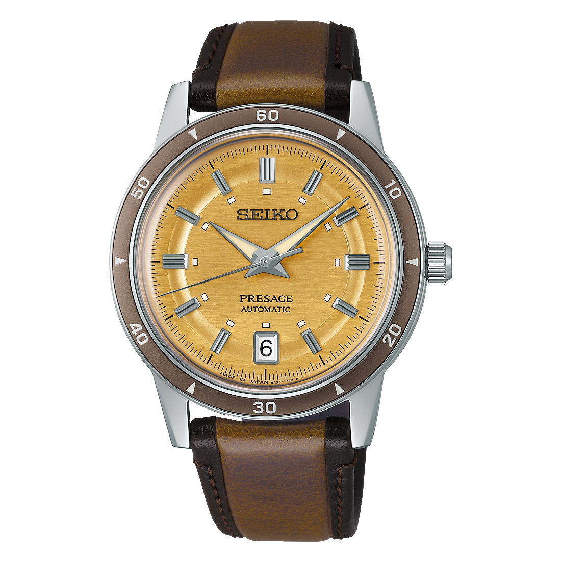 Seiko Presage watch with brown leather strap and gold dial on black background