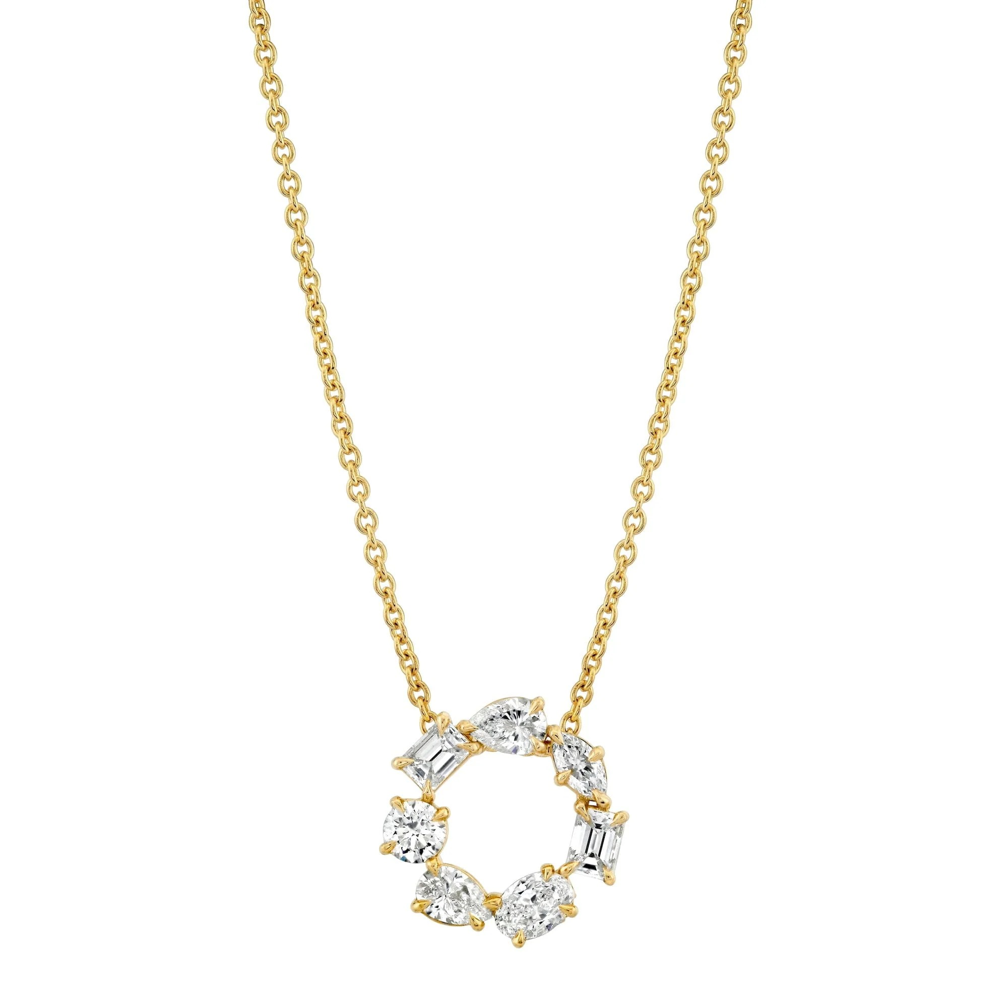 Front view of 1.42ctw Diamond Montage circle necklace showcasing mixed-shaped diamonds in a gold setting on white background
