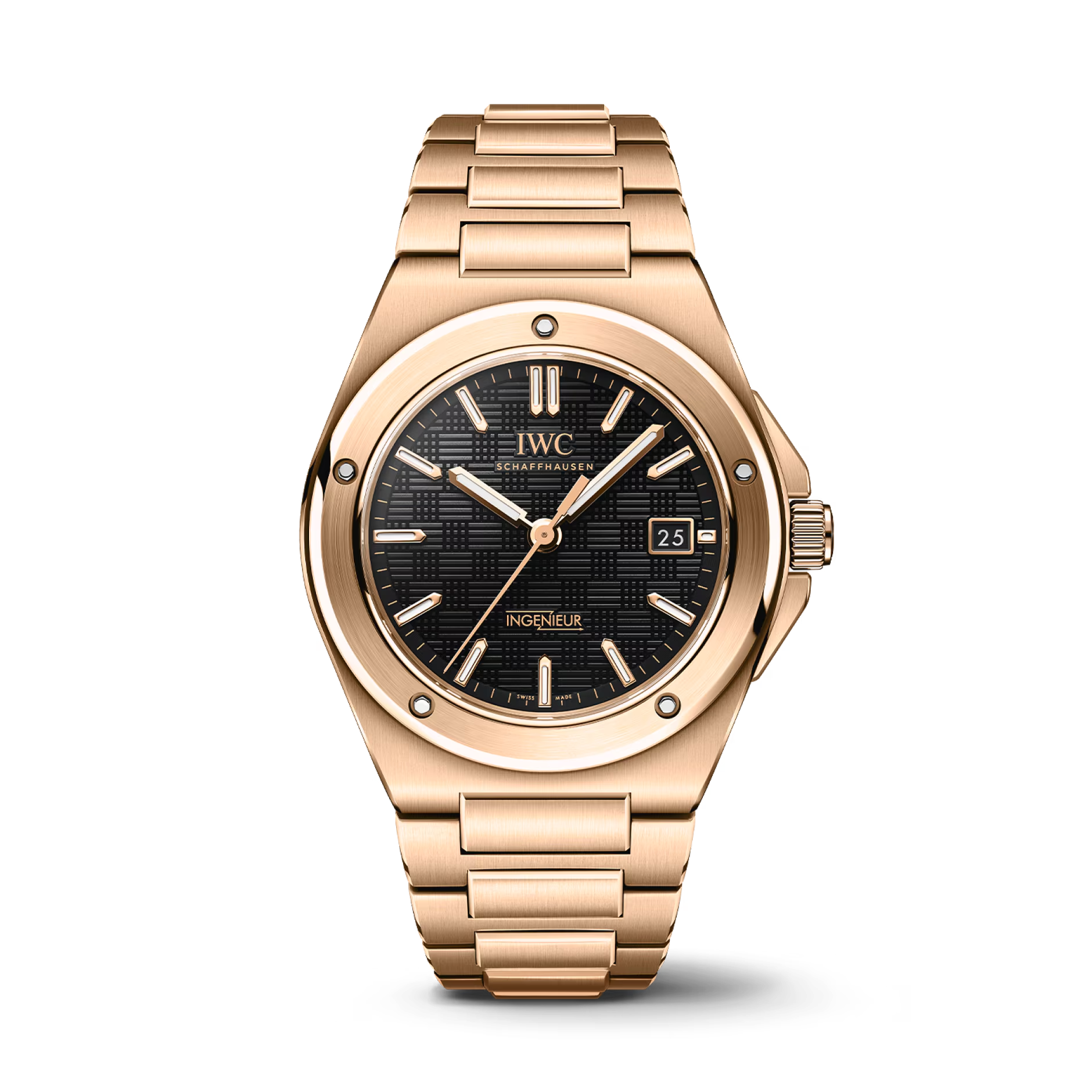 Rose-gold IWC SCHAFFHAUSEN INGENIEUR Automatic 40 watch, black textured dial with date 25, SWISS MADE.