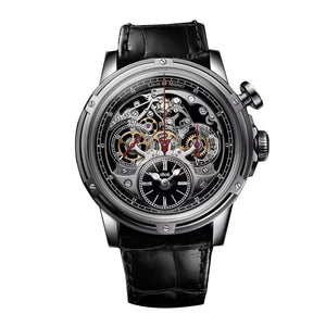Front view of Louis Moinet Memoris Superlight watch with skeletonized movement, red chronograph hand and black leather strap
