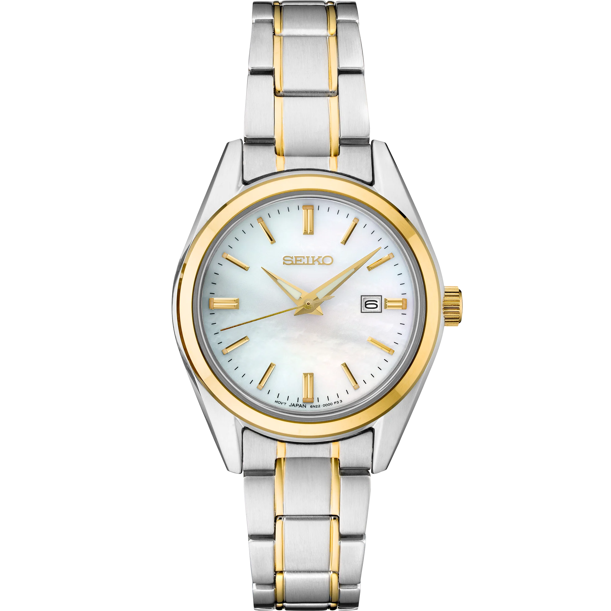 A Seiko women's two-tone stainless steel and gold watch with a white mother-of-pearl dial, shown on a solid white background.