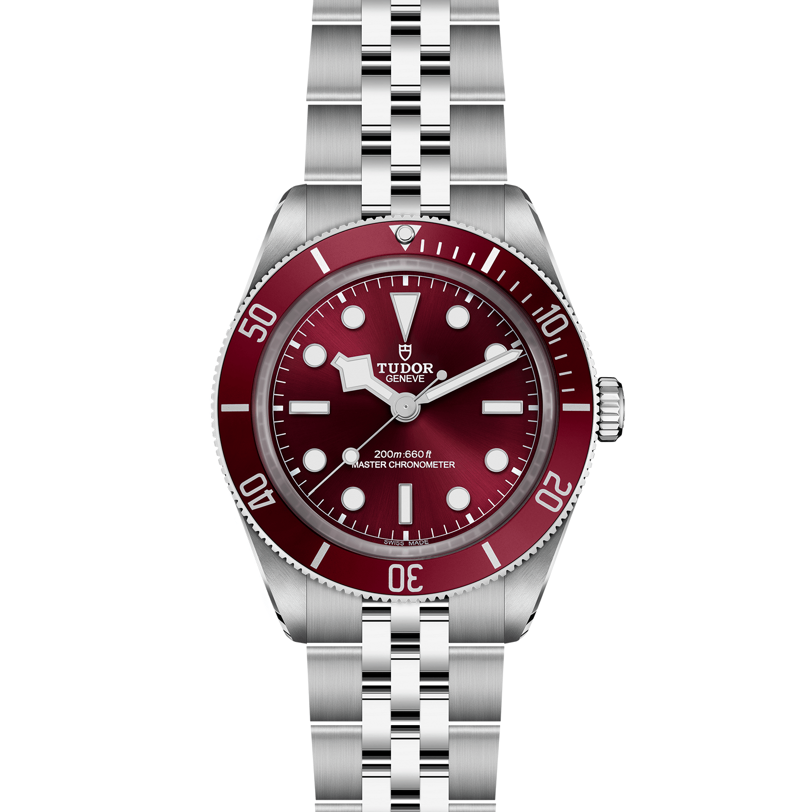 TUDOR GENEVE burgundy-dial Black Bay watch, bezel numerals 50 40 30 20 10; 200m:660 ft; MASTER CHRONOMETER; SWISS MADE