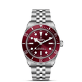 TUDOR GENEVE burgundy-dial Black Bay watch, 200m:660 ft, MASTER CHRONOMETER, SWISS MADE, stainless steel Jubilee bracelet
